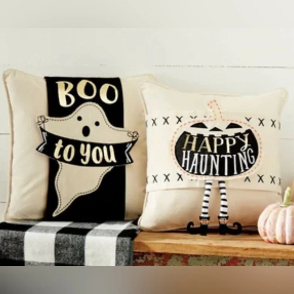 MUDPIE Lot 2 Halloween Pillow Wraps Only Embroidered Canvas‎ Pumpkin Witch Ghost